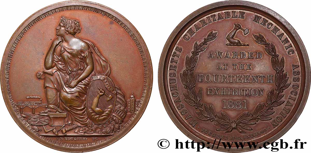 ÉTATS-UNIS D&nbsp;AMÉRIQUE Médaille, Association de bienfaisance des mécaniciens du Massachusetts SUP