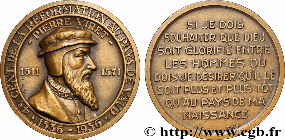 SUISSE - CANTON DE VAUD Médaille, Pierre Viret, 4e Centenaire de la réformation au pays de Vaud SUP