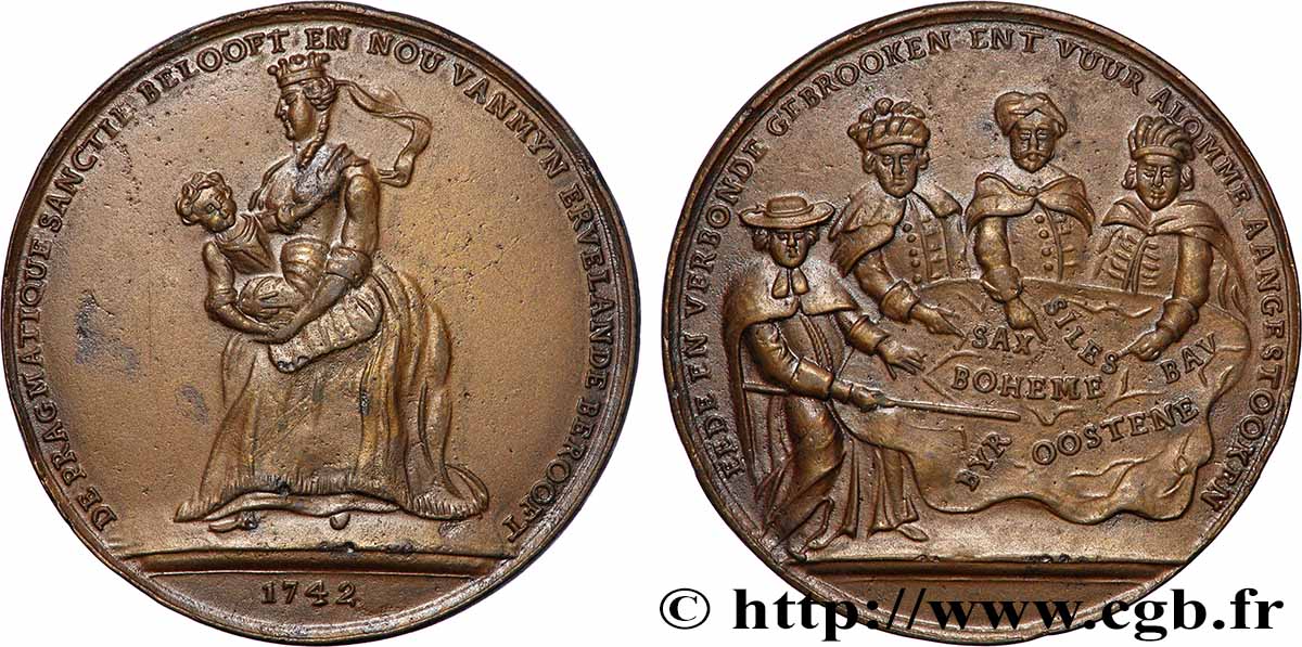 AUTRICHE - MARIE-THÉRÈSE Médaille, Satire de la Sanction et de la guerre de succession autrichienne TTB+/SUP