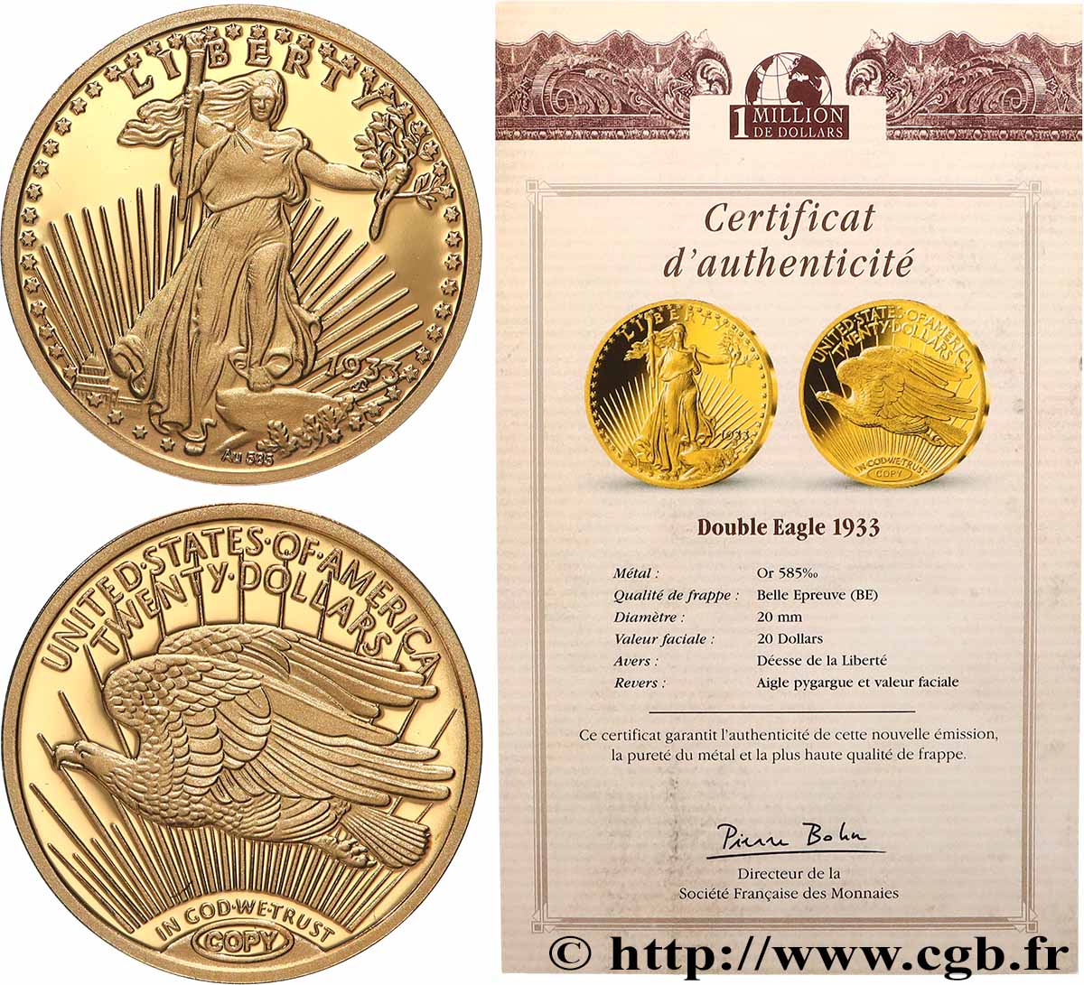 SÉRIE 1 MILLION DE DOLLARS Médaille, Reproduction d’une monnaie, 20 dollars BE