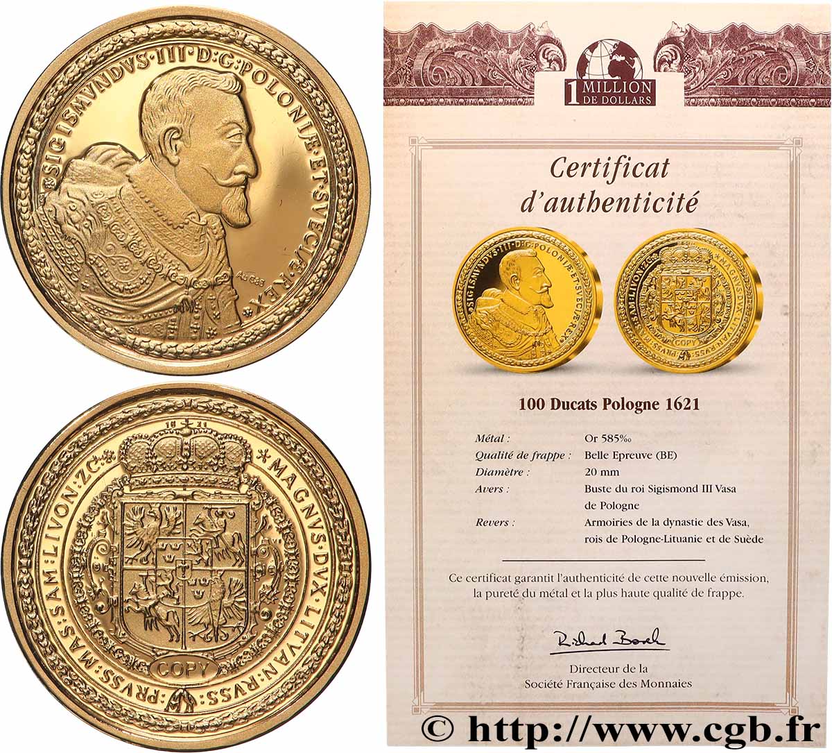 SÉRIE 1 MILLION DE DOLLARS Médaille, Reproduction d’une monnaie, 100 ducats de Sigismond III de Pologne BE
