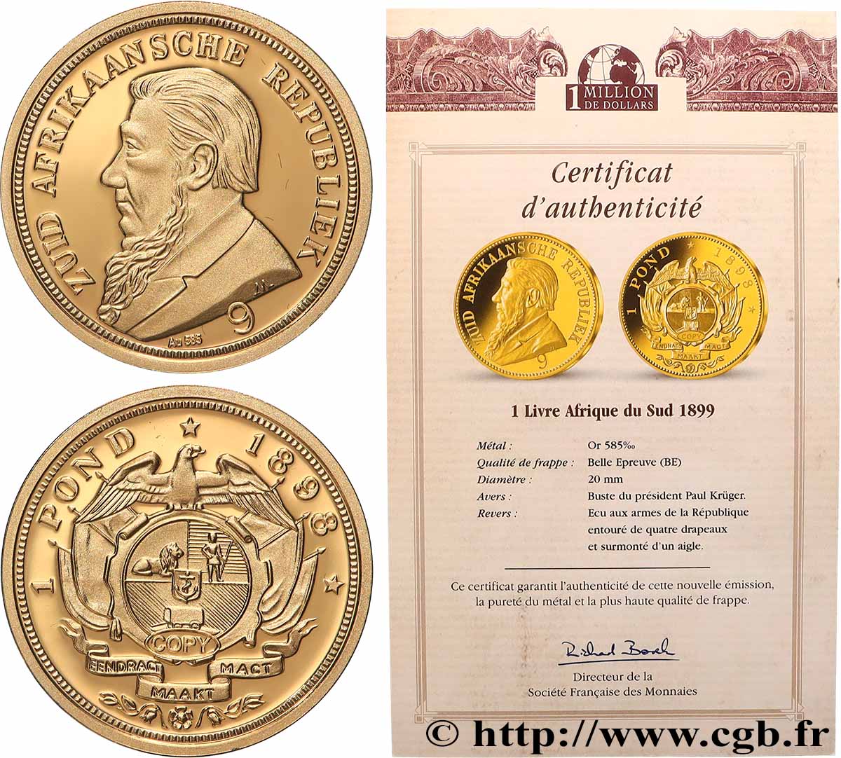 SÉRIE 1 MILLION DE DOLLARS Médaille, Reproduction d’une monnaie, 1 livre Afrique du Sud BE