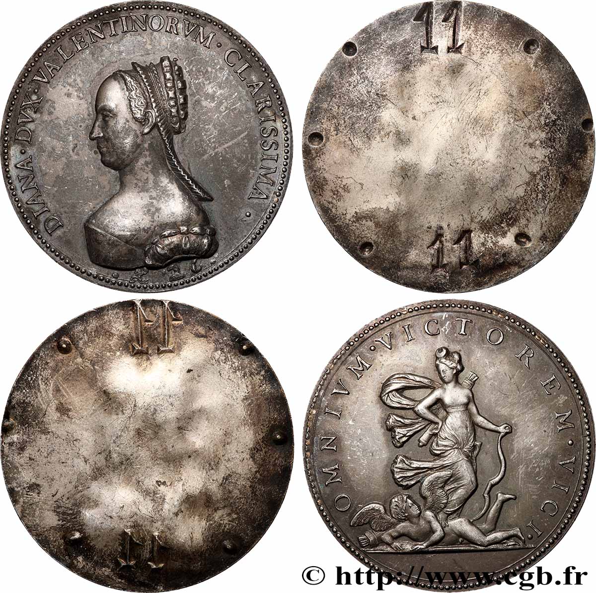 HENRI II Lot de 2 médailles, Diane de Poitiers, duchesse de Valentinois, épreuve, refrappe TTB+