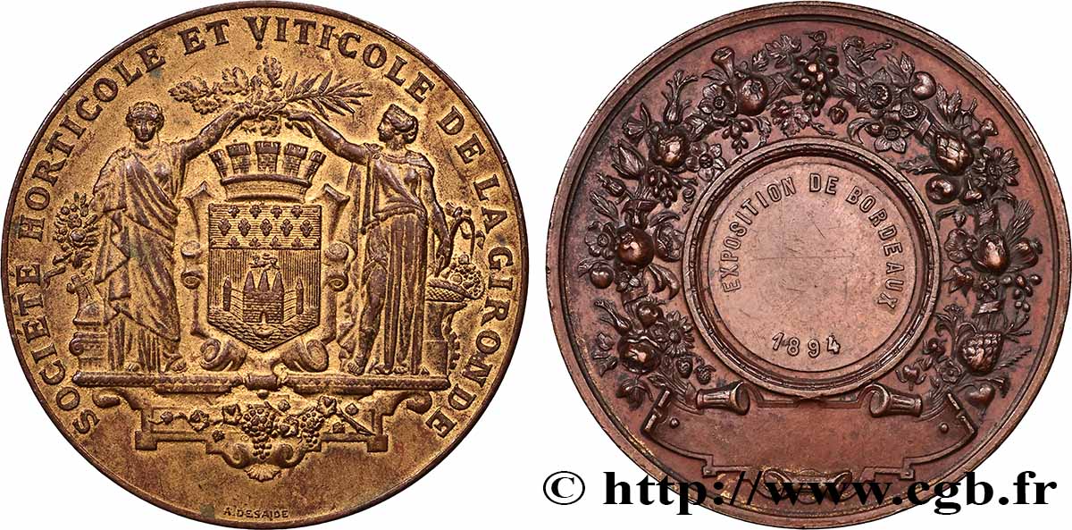 TROISIÈME RÉPUBLIQUE Médaille, Exposition, Société horticole et viticole de la Gironde TTB+