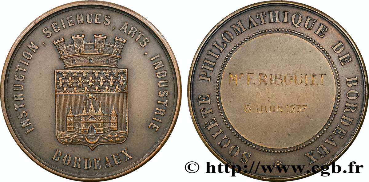 TROISIÈME RÉPUBLIQUE Médaille, Société philomathique SUP/TTB+