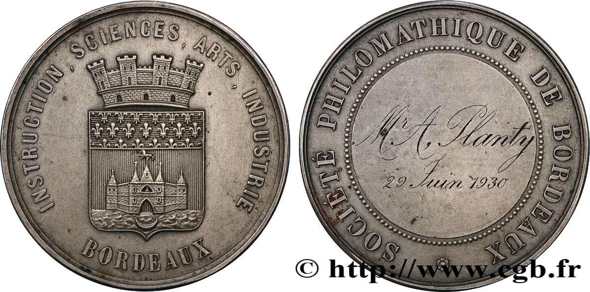 TROISIÈME RÉPUBLIQUE Médaille, Société philomathique SUP/TTB+