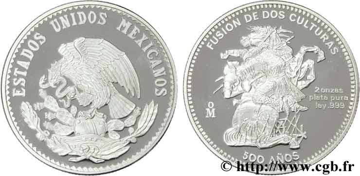 MEXIQUE Médaille de 2 onces du 500e anniversaire du choc des cultures : conquistador contre le Quetzalcoatl / armes du Mexique (actuelles) SPL