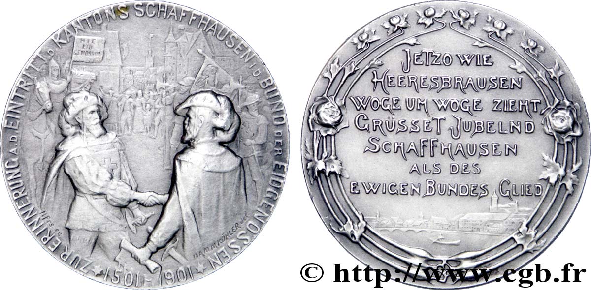 SWITZERLAND - CONFEDERATION OF HELVETIA - CANTON OF SCHAFFHAUSEN Médaille, 400e anniversaire de l’entrée dans la Confédération AU/AU