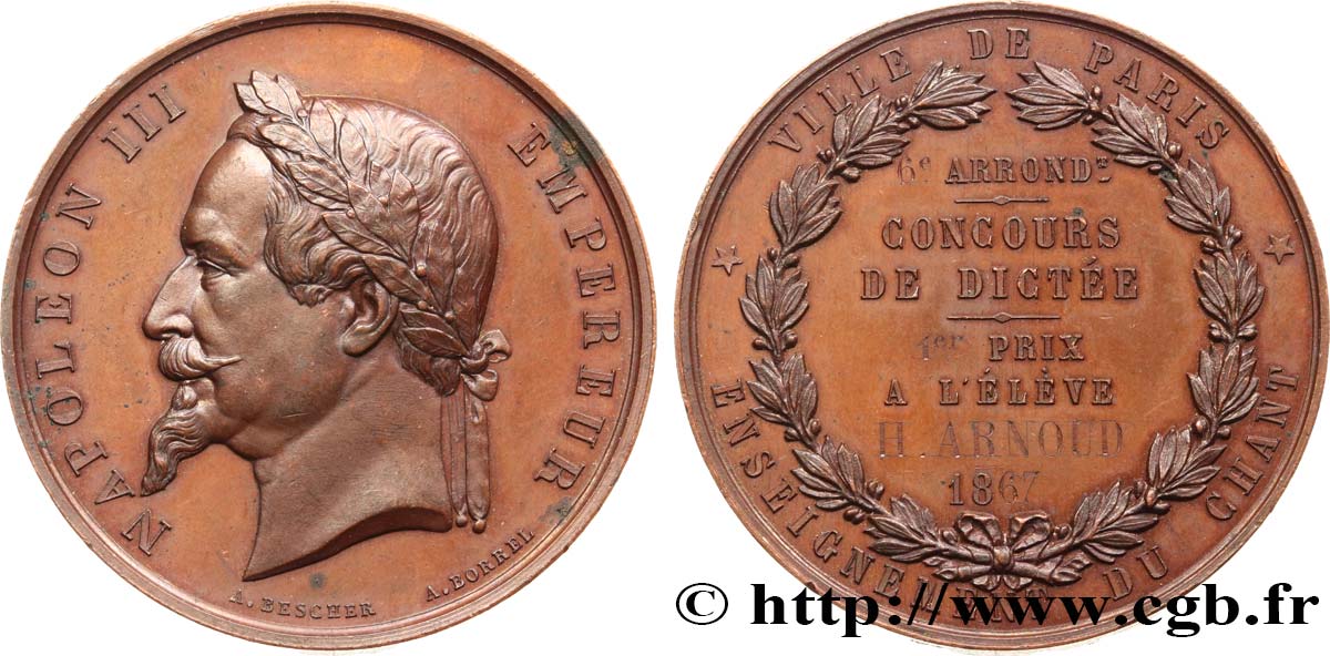 SECOND EMPIRE Médaille de la ville de Paris - Dictée et chant AU