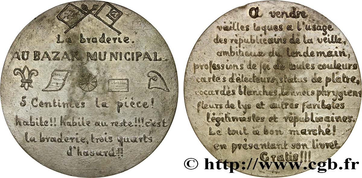 DEUXIÈME RÉPUBLIQUE Médaille de braderie du Bazar Municipal TTB+