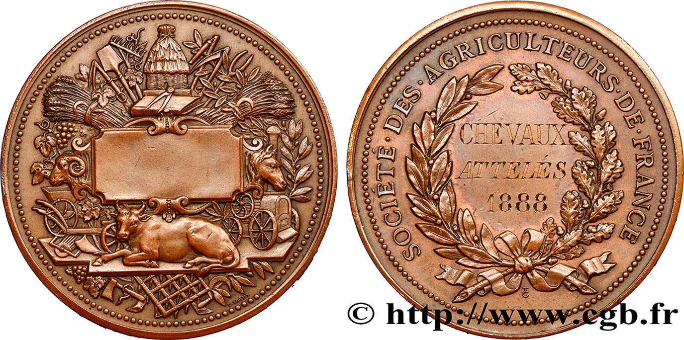 III REPUBLIC Médaille de récompense, Société des agriculteurs, chevaux attelés AU/XF