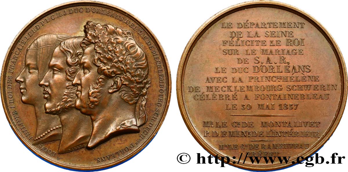 LUIS FELIPE I Médaille, Mariage de Ferdinand-Philippe d Orléans et Hélène de Mecklembourg-Schwerin EBC