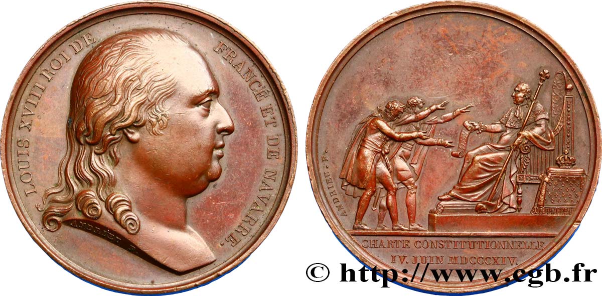 LOUIS XVIII Médaille, Charte constitutionnelle  TTB+
