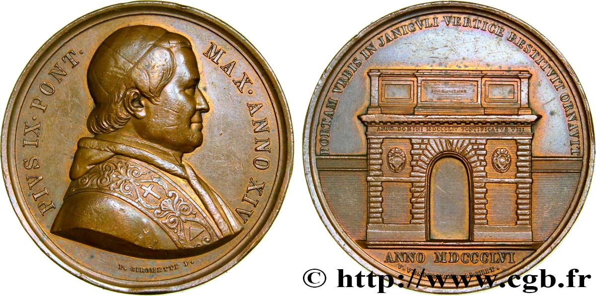 ITALIE - ÉTATS DU PAPE - PIE IX (Jean-Marie Mastai Ferretti) Médaille, Porte San Pancrazio TTB