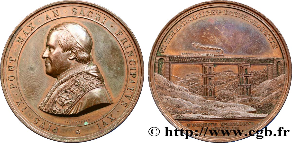 ITALY - PAPAL STATES - PIUS IX (Giovanni Maria Mastai Ferretti) Médaille, Pont ferroviaire de Velletri XF