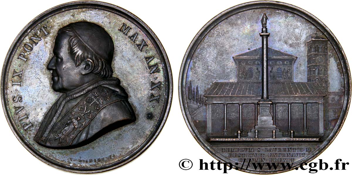ITALIE - ÉTATS DU PAPE - PIE IX (Jean-Marie Mastai Ferretti) Médaille, colonne de Saint Laurent TTB+