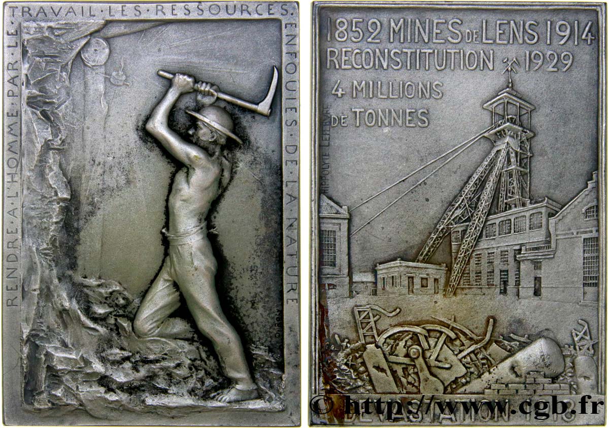TERZA REPUBBLICA FRANCESE Plaquette en bronze argenté, reconstitution des Mines de Lens SPL