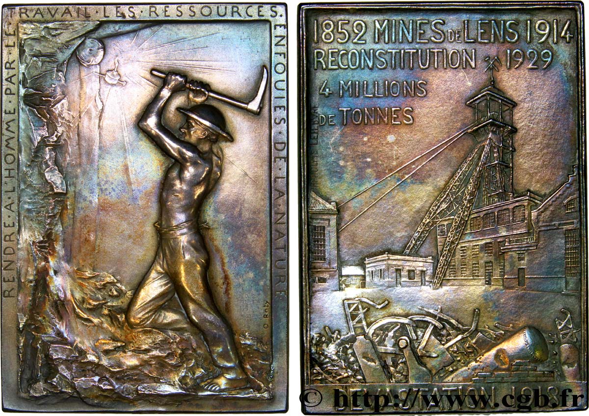 DRITTE FRANZOSISCHE REPUBLIK Plaquette en bronze argenté, reconstitution des Mines de Lens VZ