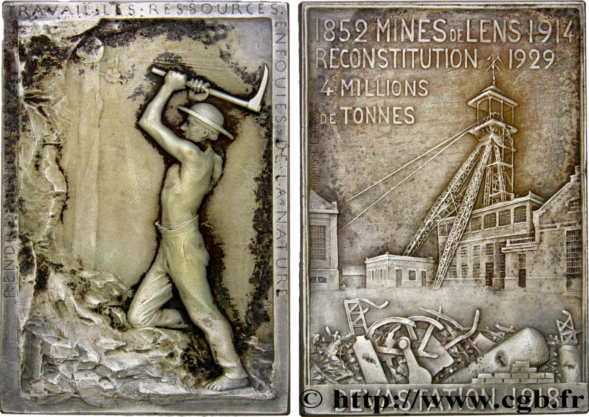 TERZA REPUBBLICA FRANCESE Plaquette en bronze argenté, reconstitution des Mines de Lens SPL