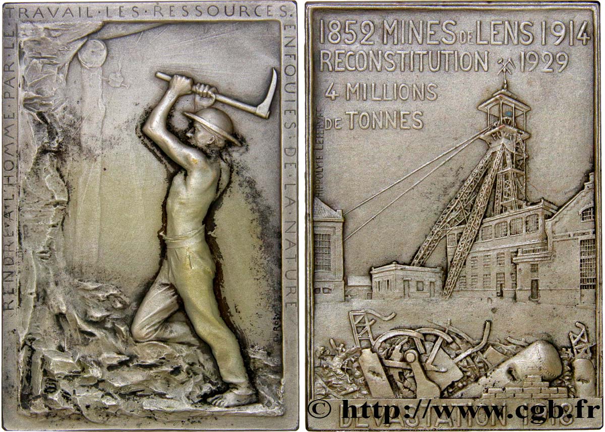 TERCERA REPUBLICA FRANCESA Plaquette en bronze argenté, reconstitution des Mines de Lens EBC