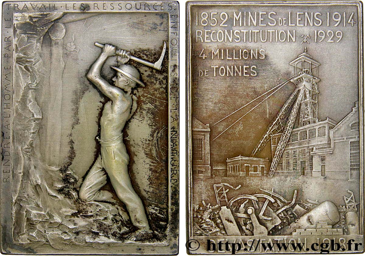 III REPUBLIC Plaquette en bronze argenté, reconstitution des Mines de Lens AU