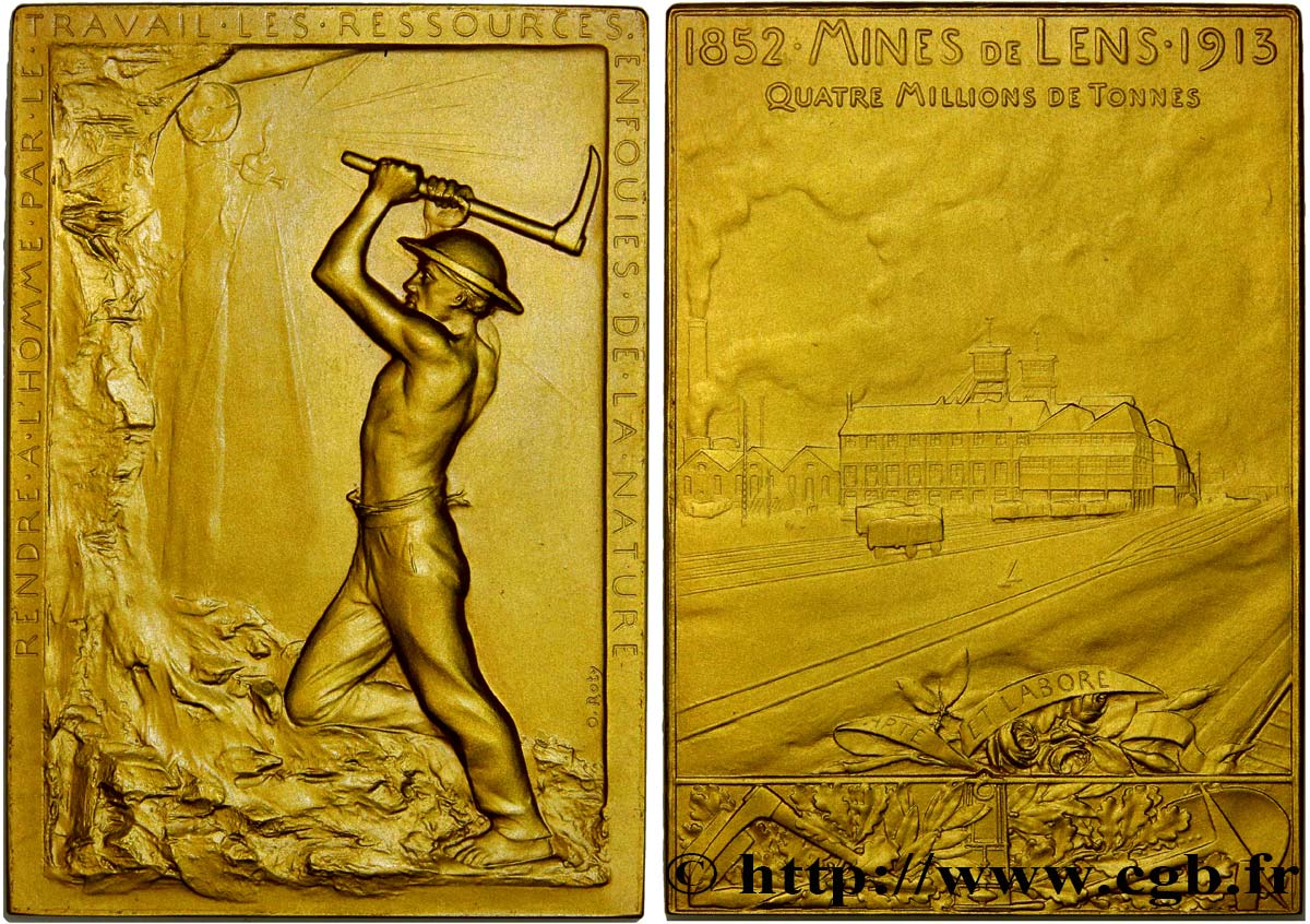 TROISIÈME RÉPUBLIQUE Plaquette en or, Mines de Lens - production 1913 SUP