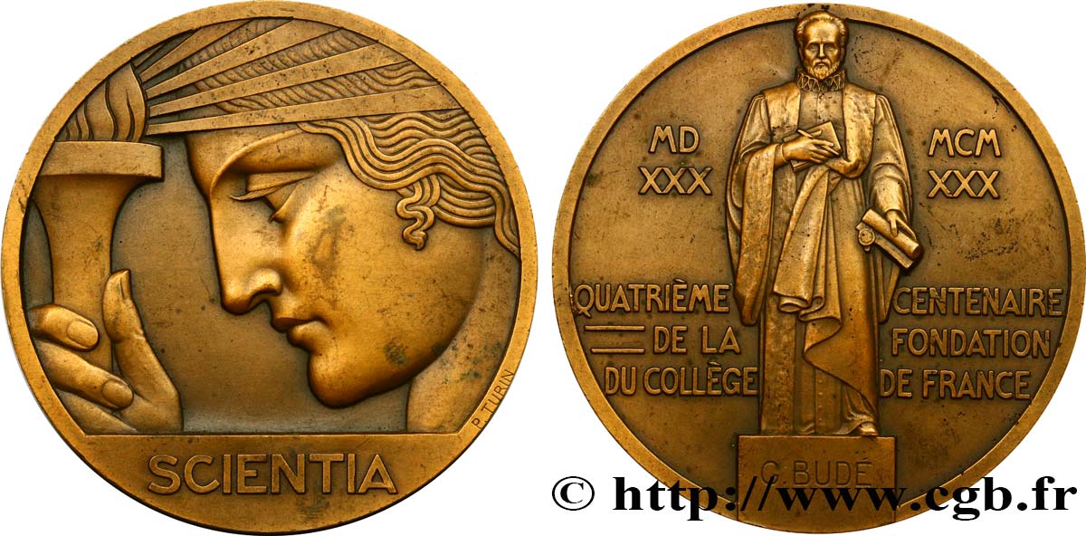TROISIÈME RÉPUBLIQUE Médaille pour les 400 ans du Collège de France TTB+