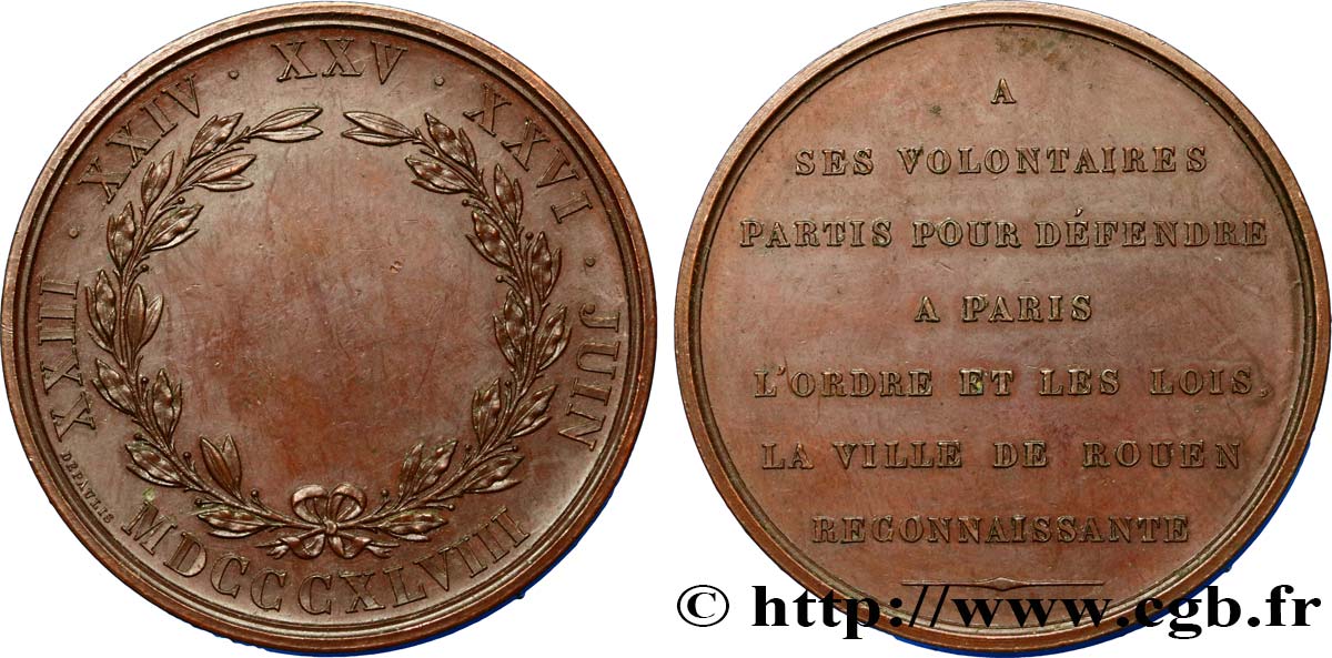 DEUXIÈME RÉPUBLIQUE Médaille de la Garde Nationale de Rouen TTB+