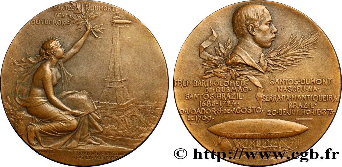 AÉRONAUTIQUE - AVIATION : AVIATEURS & AVIONS Médaille, Hommage à Alberto Santos-Dumont  TTB+