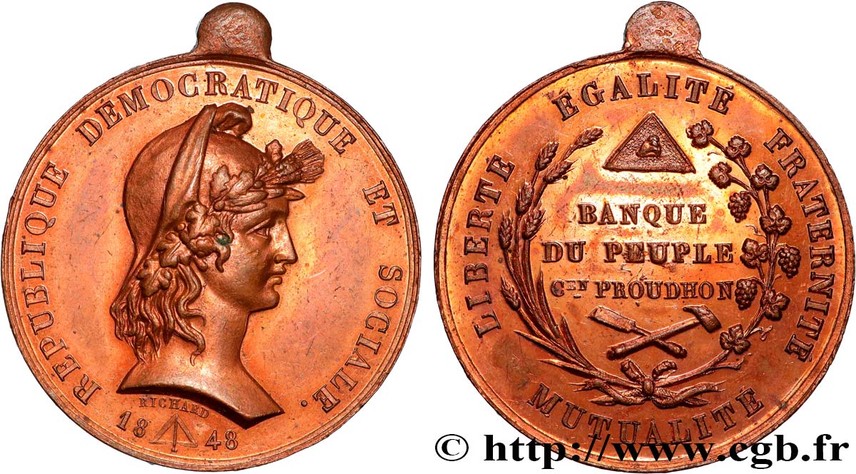 DEUXIÈME RÉPUBLIQUE Médaille de la banque du peuple, hommage à Pierre-Joseph Proudhon AU