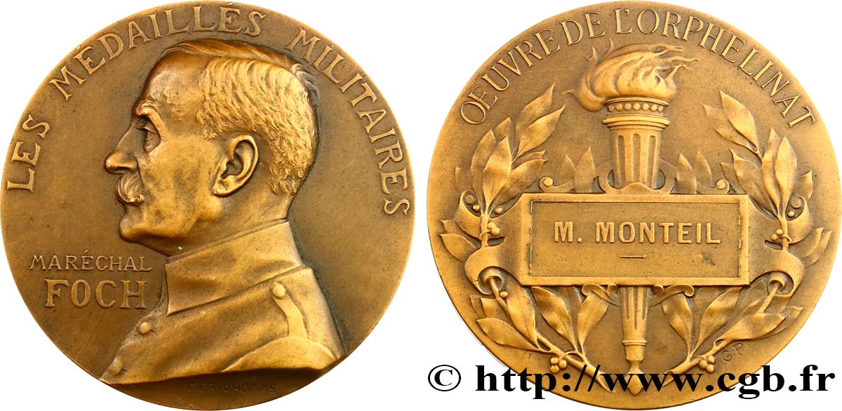 TERCERA REPUBLICA FRANCESA Médaille, Maréchal Foch, Oeuvre de l’orphelinat EBC