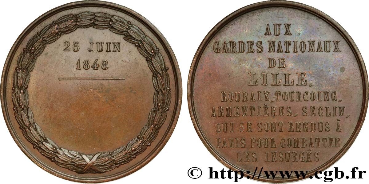 DEUXIÈME RÉPUBLIQUE Médaille, Aux gardes nationaux de Lille SUP