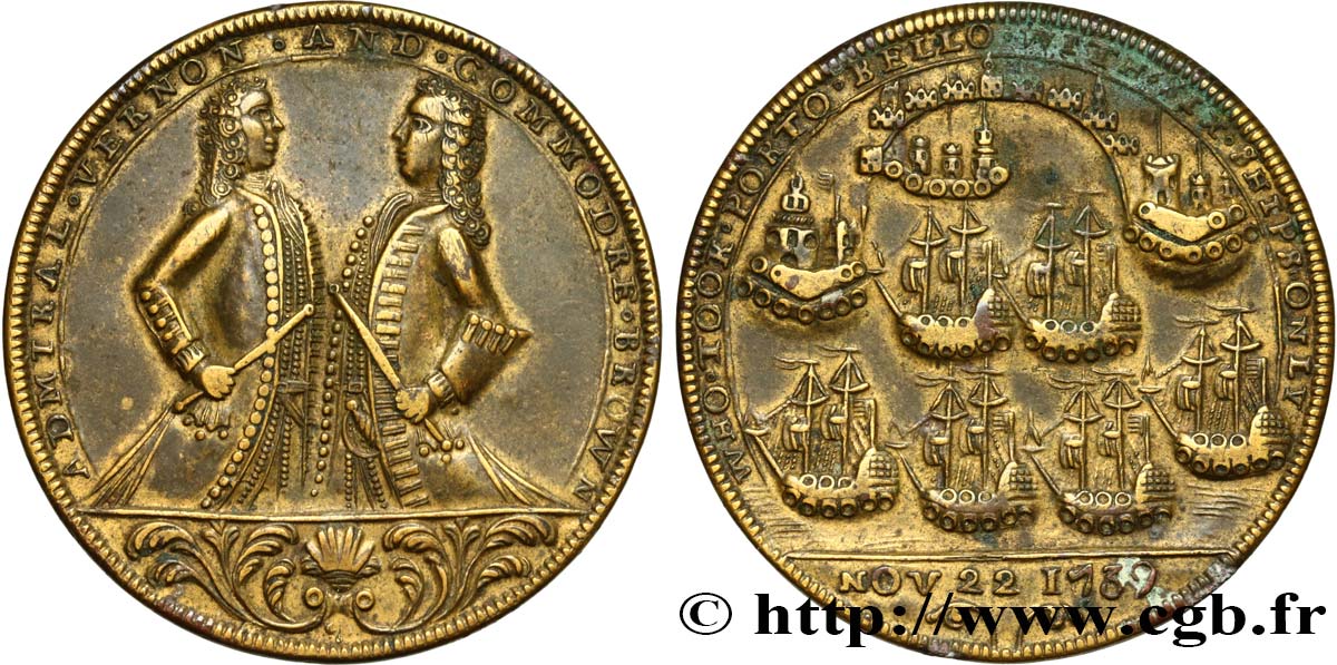 ROYAUME-UNI Médaille, Prise de Porto Bello par l’Amiral Vernon et le Commodore Brown TTB