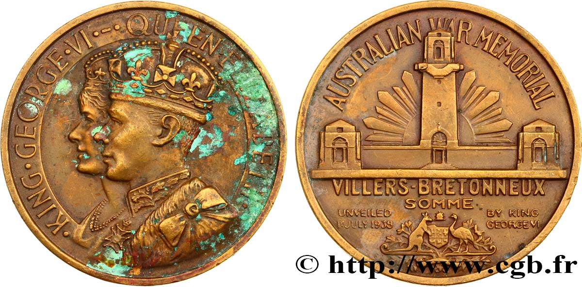 GRANDE-BRETAGNE - GEORGES VI Médaille, Mémorial australien de Villers-Bretonneux VF/XF