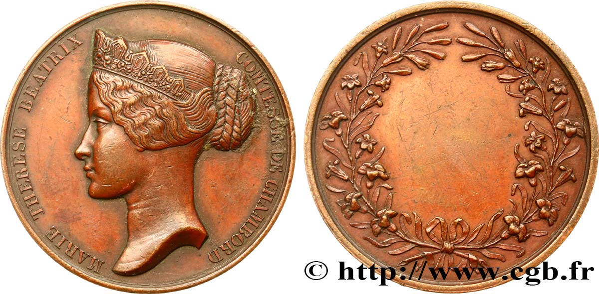 HENRY V COUNT OF CHAMBORD Médaille de récompense, Marie Thérèse Beatrix Comtesse de Chambord XF