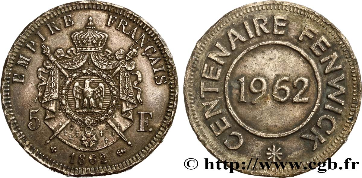 V REPUBLIC Médaille, 5 Francs Second Empire, Centenaire Fenwick XF