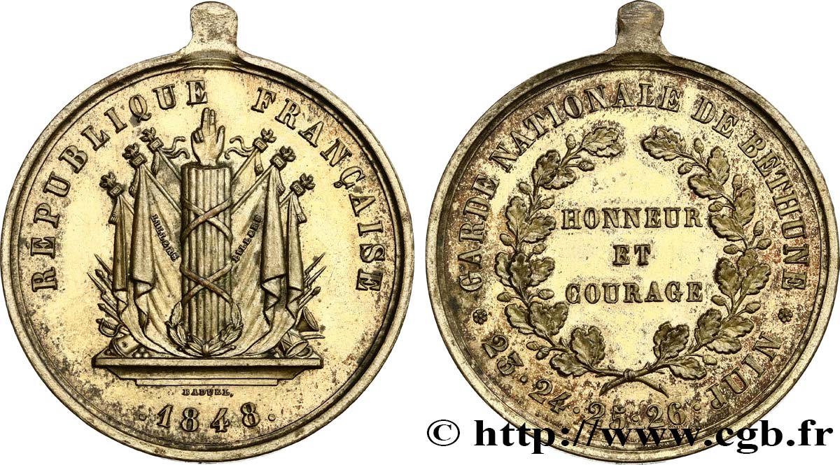 DEUXIÈME RÉPUBLIQUE Médaille, Journées de Juin, Garde Nationale de Béthune fVZ