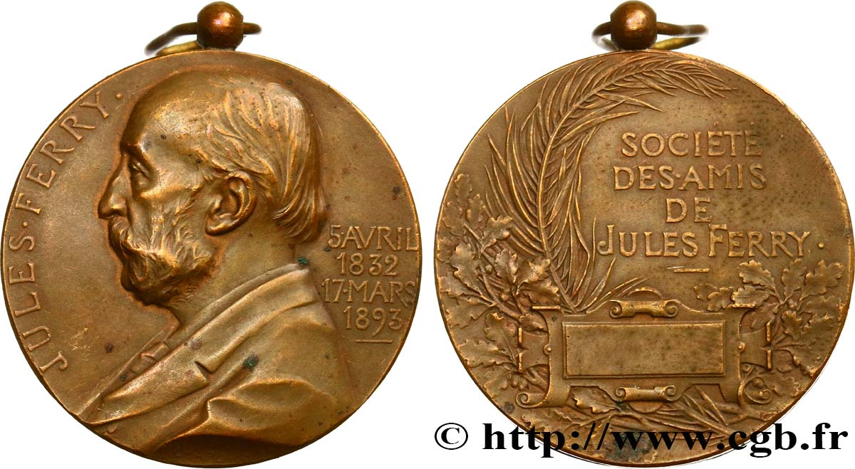 TROISIÈME RÉPUBLIQUE Médaille, Jules Ferry, Société des amis TTB
