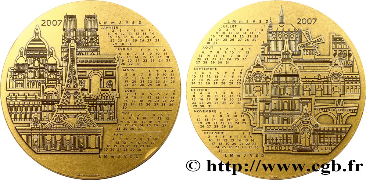 CINQUIÈME RÉPUBLIQUE Médaille calendrier, Monuments de Paris SUP