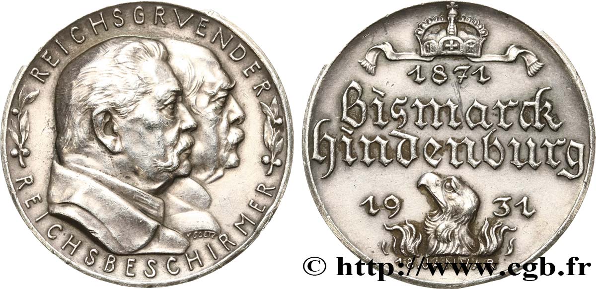ALLEMAGNE - RÉPUBLIQUE DE WEIMAR Médaille de Bismarck et Hindenburg  fVZ