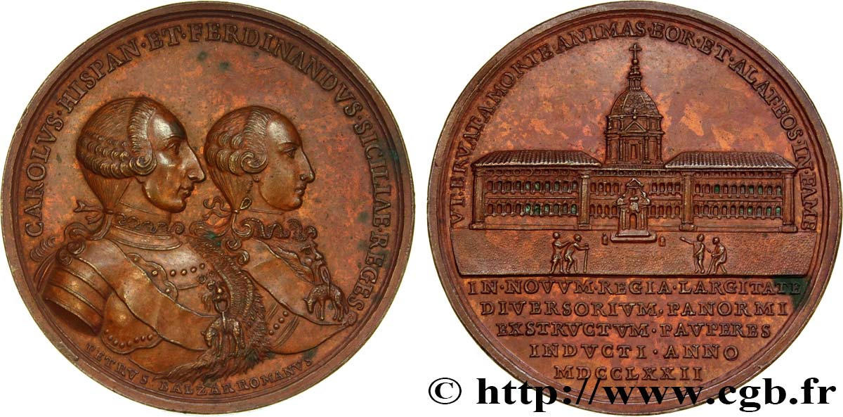 ITALIE - ROYAUME DES DEUX-SICILES Médaille de Charles III d Espagne et Ferdinand de Sicile, construction de l Hospice des pauvres de Palerme SUP