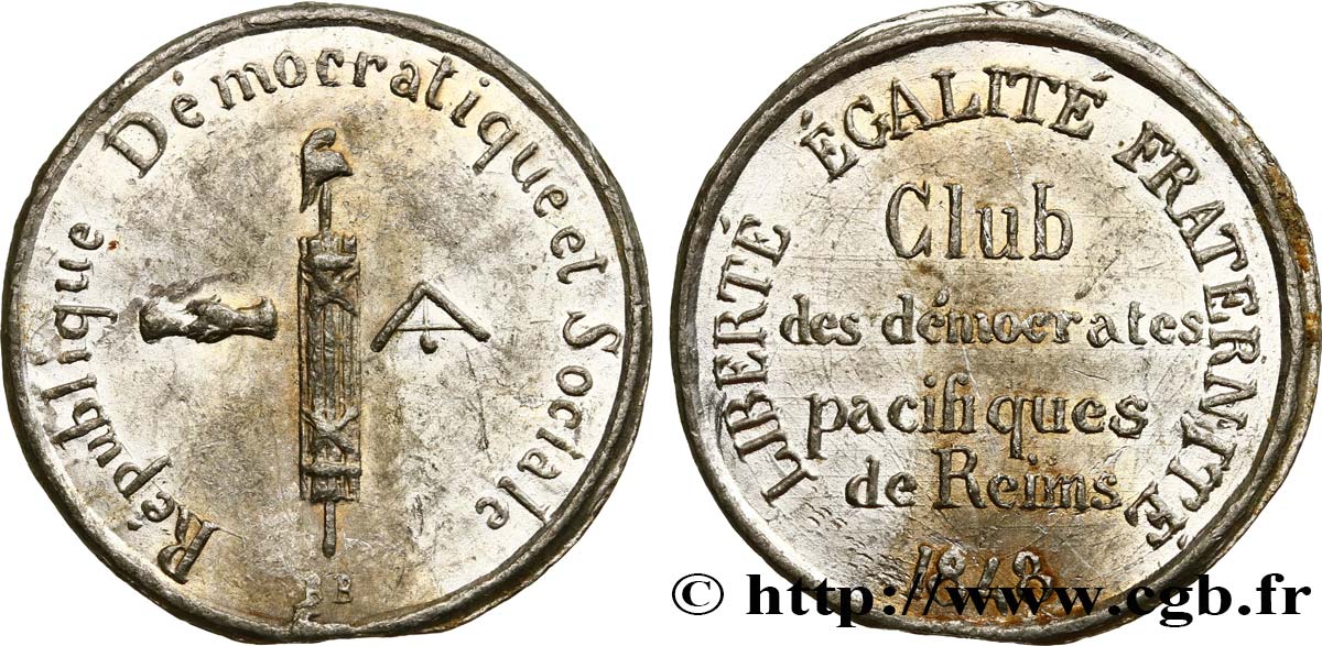 DEUXIÈME RÉPUBLIQUE Médaille, Club des démocrates pacifiques de Reims TTB+