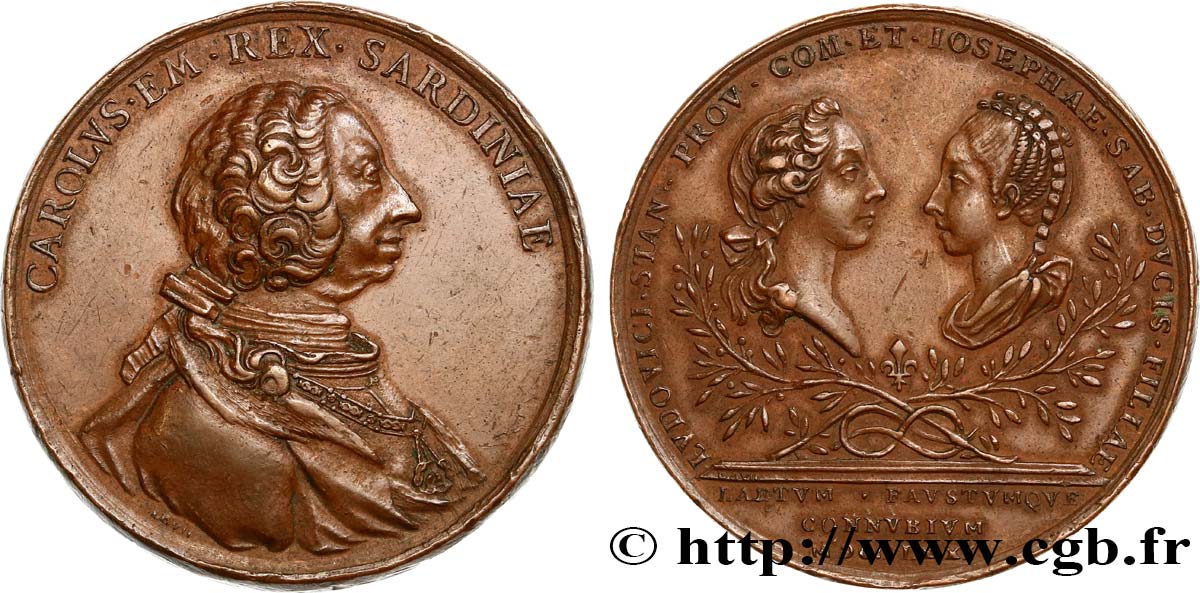 ITALY - KINGDOM OF SARDINIA - CHARLES EMMANUEL III Médaille, Mariage de Louise fille du Roi de Sardaigne et de Louis Stanislas Xavier Comte de Provence XF