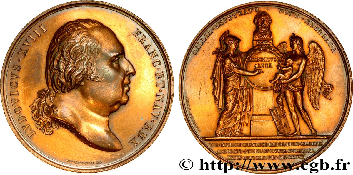 LUIS XVIII Médaille, Naissance de Henri, duc de Bordeaux, Comte de Chambord MBC+