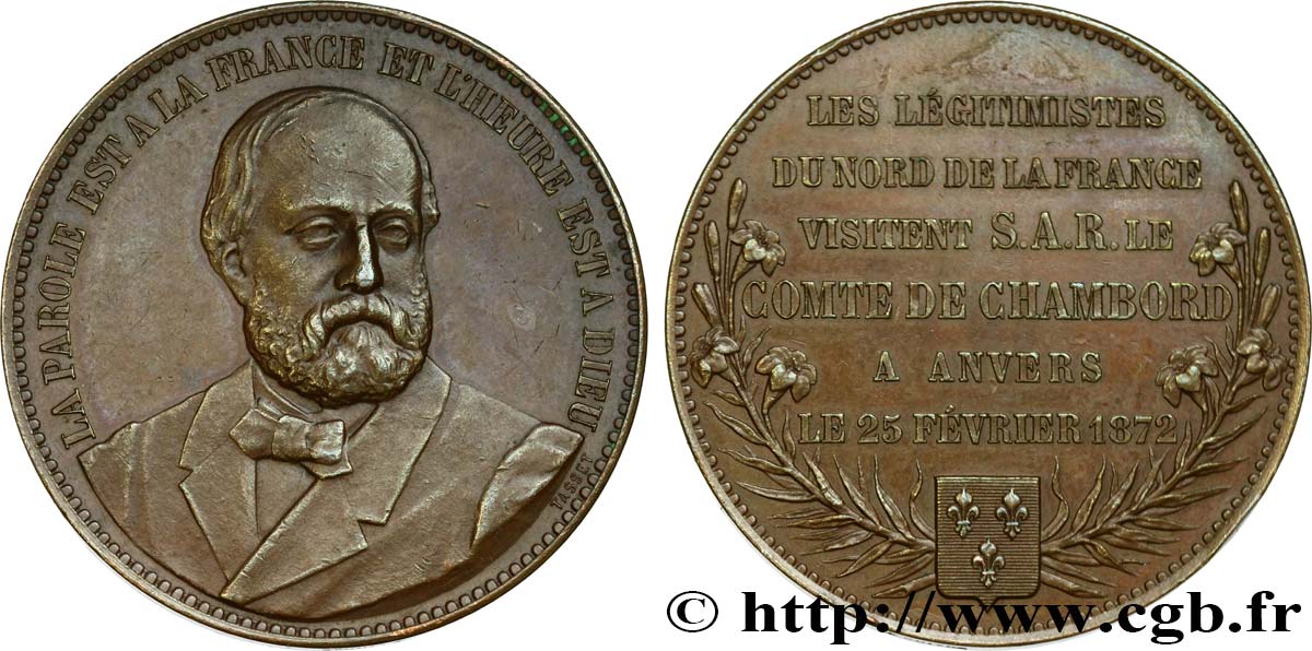 HENRI V COMTE DE CHAMBORD Médaille, Visite des légitimistes du nord de la France TTB+/SUP