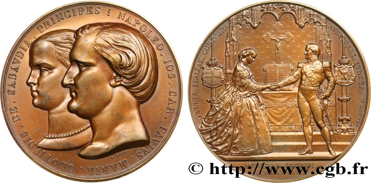 SECOND EMPIRE Médaille de mariage de Clotilde de Savoie et du prince Napoléon, refrappe SUP