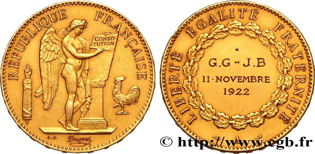 III REPUBLIC 100 francs or Génie, transformé en médaille de mariage AU/AU