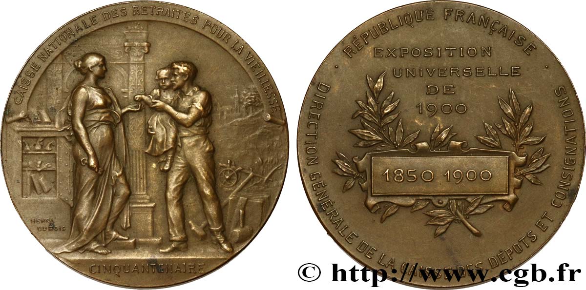III REPUBLIC Médaille, Exposition Universelle, Cinquantenaire de la Caisse des Retraites AU