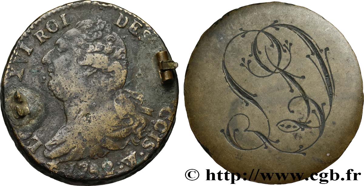 LOUIS XVI 2 sols dit  au faisceau , type FRANCOIS, transformé en médaille de mariage, buste particulier VF