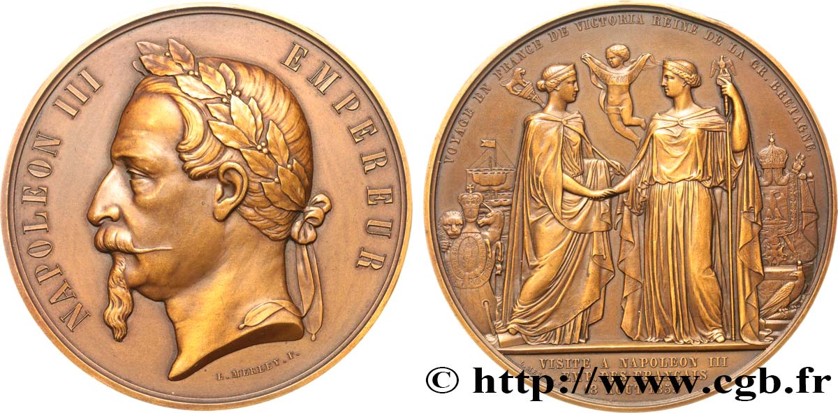 SECOND EMPIRE Imposante médaille, voyage en France de la reine Victoria, refrappe TTB+